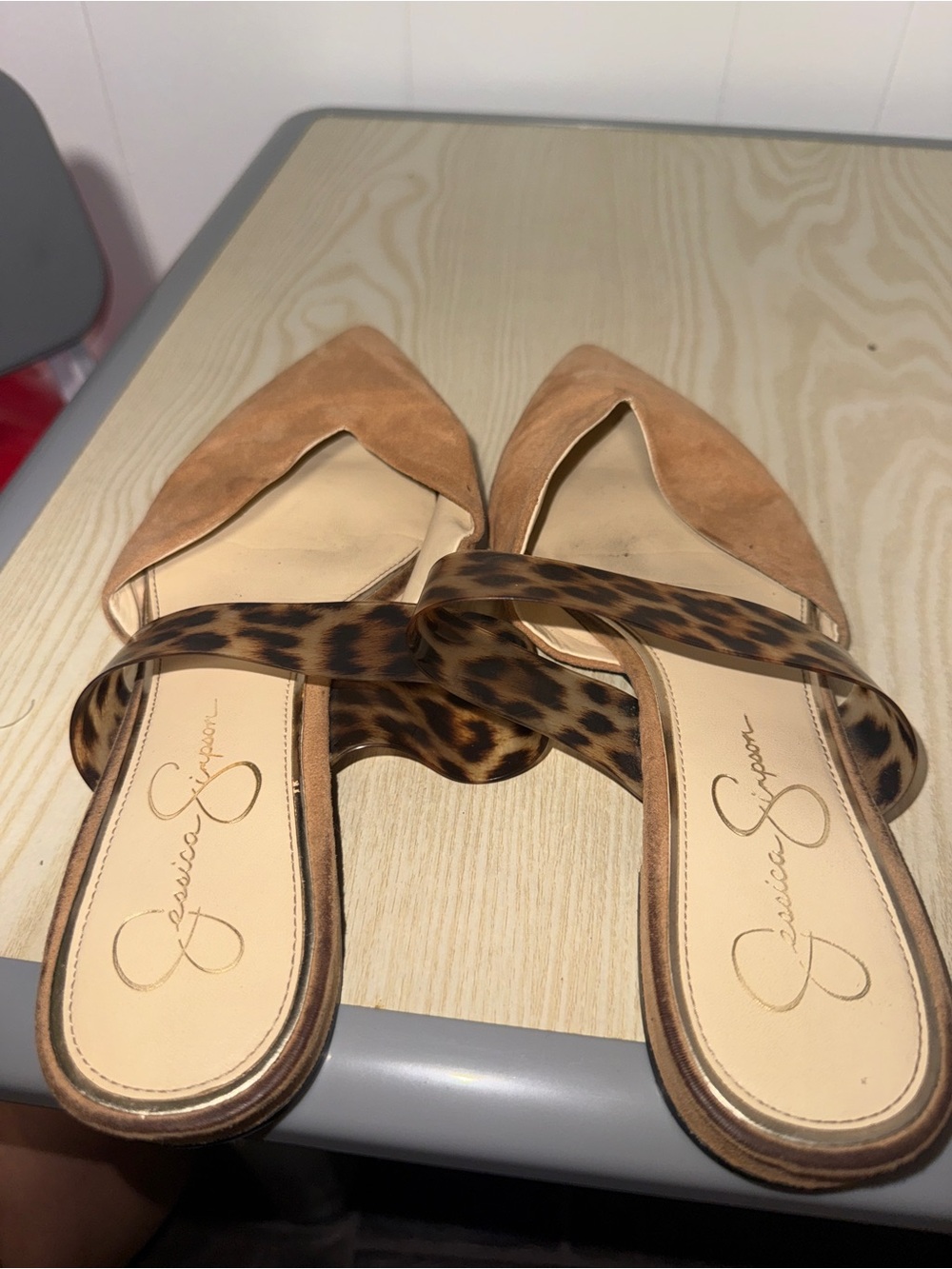 Jessica Simpson Tan Suede Pointed-Toe Slides with Leopard Strap - Picture 2 of 4